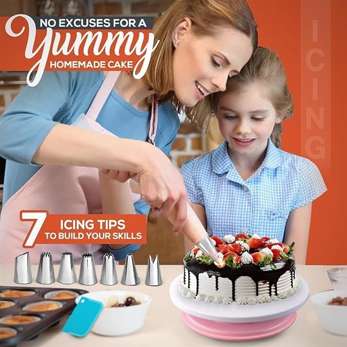 RFAQK 100PCs Anodized Aluminum Cake Pans Sets for Baking - 8 inch Round Cake Pans with Cake Leveler, Piping Bags, Icing Tips, 30 Parchment Papers, 40 Cupcake Liners & Icing Spatula for Cake Decorating