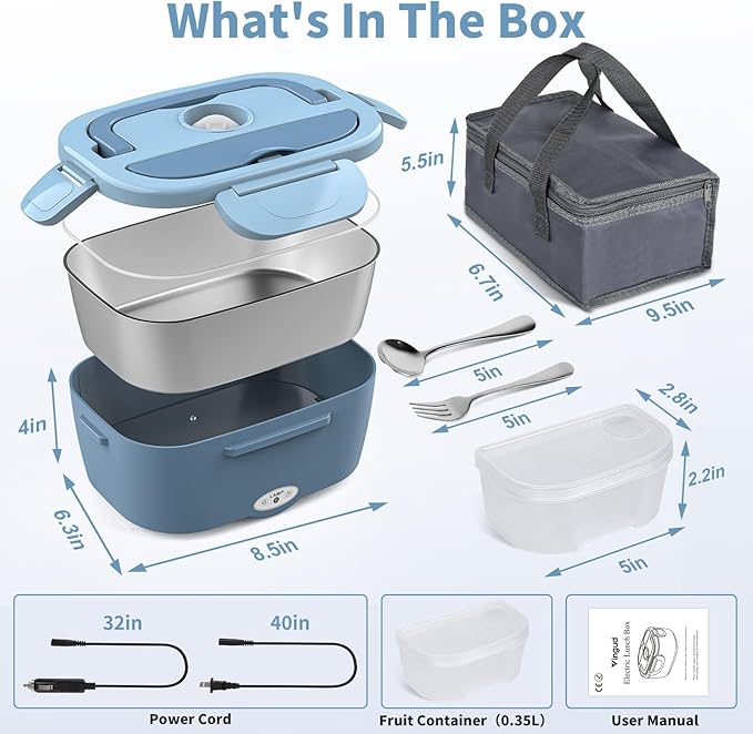 Vingud Electric Lunch Box Food Heater, 3 in 1 Heating Lunch Box for Work/Car/Truck, Heated Lunch Boxes for Adults with 1.5L Stainless Steel Container, 12V 24V 110V (Blue)