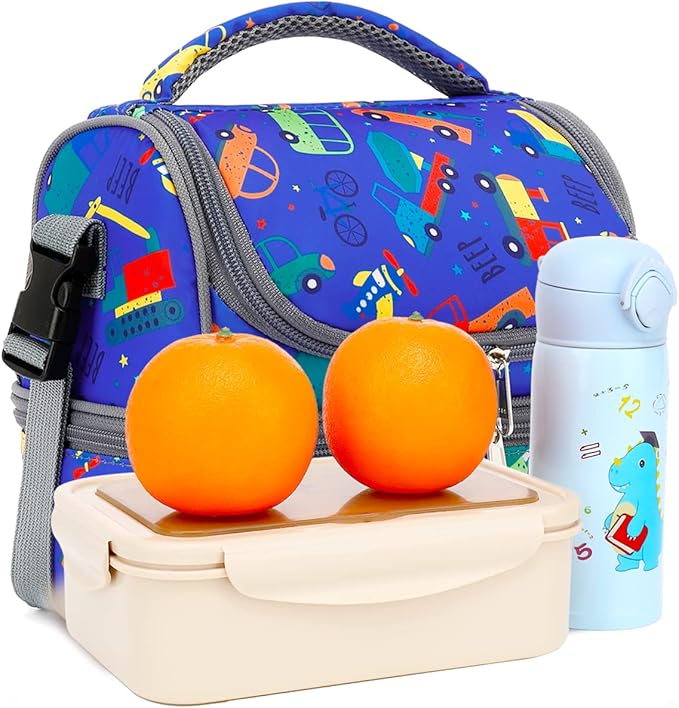 FlowFly Kids Double Decker Cooler Insulated Lunch Bag Large Tote for Boys, Girls, Men, Women, With Adjustable Strap, Car