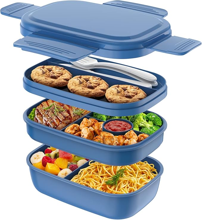 Stackable Bento Box Adult Lunch Box, Large Capacity 1900ml Lunchbox with Utensil Set, Leak-Proof for Dining Out, Work, Picnic, School