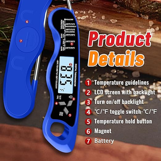 Meat Thermometer, IP67 Waterproof Digital Meat Thermometer with Backlight, Hold Function & Magnet for Grill, BBQ, Candy, Beef,Turkey，Gadgets Essentials BBQ Accessories,Mens Stocking Stuffers