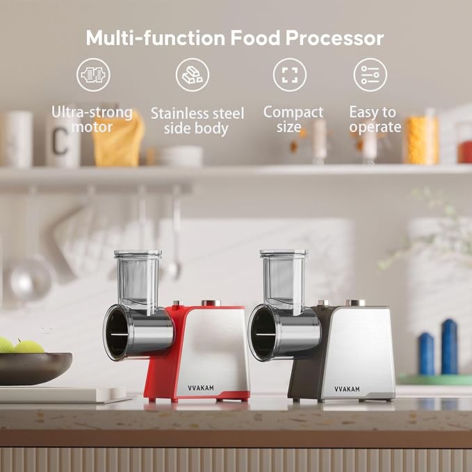 Electric Cheese Grater, 300W DC Motor Rotary Cheese Grater with 5 Different Shapes of Blades, Vegetable Cutter for Potato, Nuts, Kitchen Chopper with Non-slip Suction Base, Red