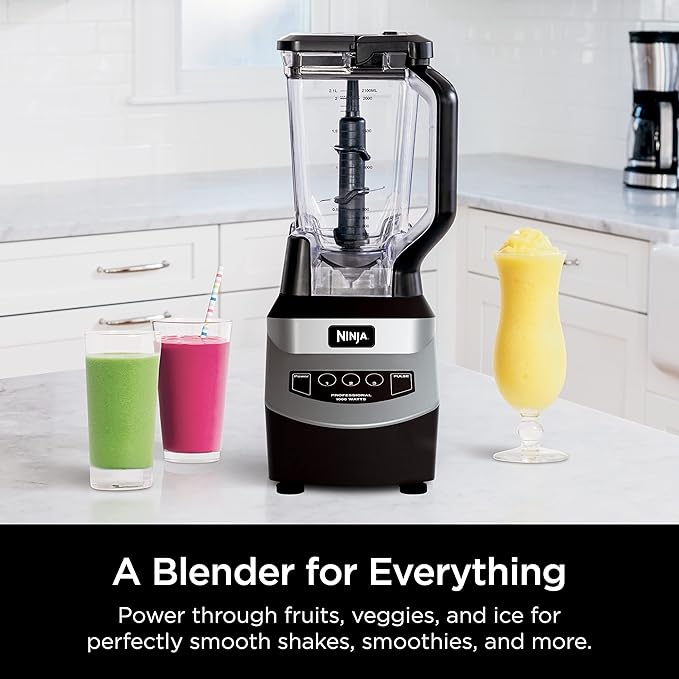 Ninja Blender, For-Smoothies, Salsa, Shakes, Slush, and-Frozen Drinks, Pitcher, and-Lid, for-Kitchen, Crushes Ice, Fruit, and-Veggies, 1000-Watt, Dishwasher Safe, Black, NJ601AMZ