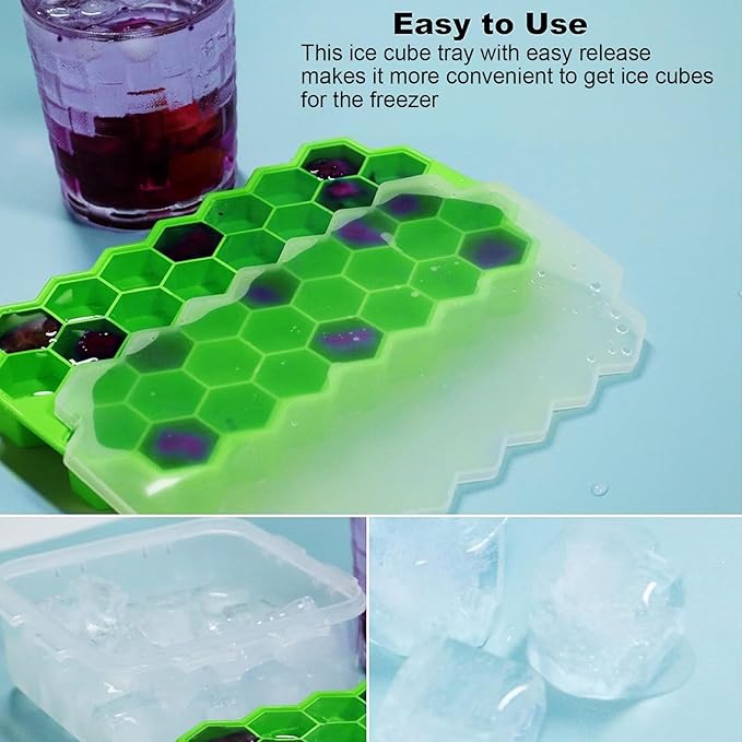 Ice Cube Trays for Freezer with Lid-Silicone Ice Cube Tray with Lid Ice Maker 3 Pack Multicolor, Easy-Release Reusable Ice Cube Coffee Scoop for Coffee Bar Accessories