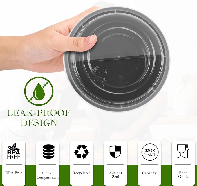 Meal Prep Containers Reusable 32oz - Meal Prep Bowls with Lids 50 Pack, Round Food Prep Bowls for Takeout, Disposable To Go Food Containers, Stackable, Leakproof, BPA-Free, Microwave/Freezer Safe