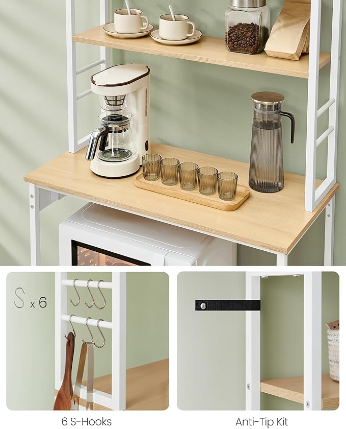 VASAGLE Bakers Rack with Power Outlet, 31.5 Inches Coffee Bar for Kitchen with Storage, 6-Tier Kitchen Shelves with 6 Hooks, Microwave Stand, Golden Oak and White UKKS119Y01