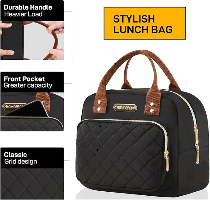 HOMESPON Lunch Bag for Woman Man Adults with Front Pocket Insulated Lunch Tote Lunch Box Container for Work Picnic or Travel(Black Golden)