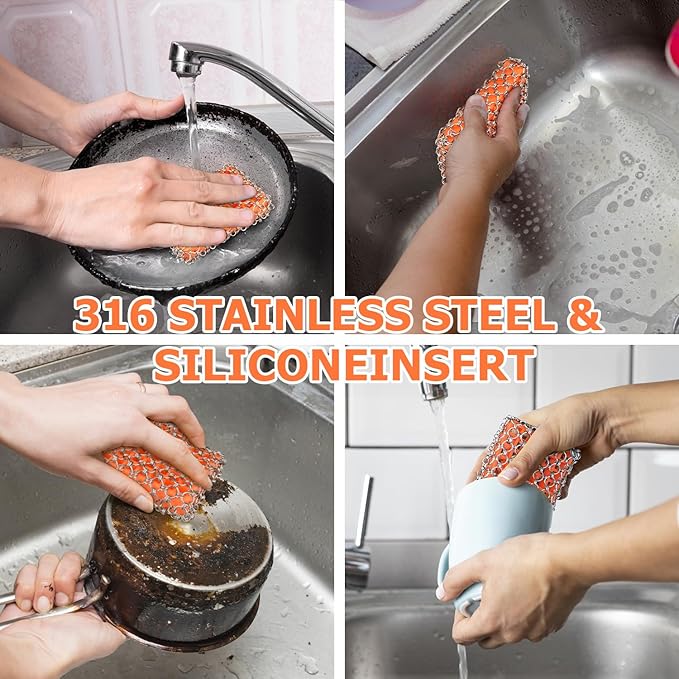 Cast Iron Scrubber with Bamboo Fiber Cloth and Pan Scraper, 316L Cast Iron Cleaner Set – Removes Stains, Protects Coatings, Safe for Dutch Oven, Skillets, Griddles(Orange)