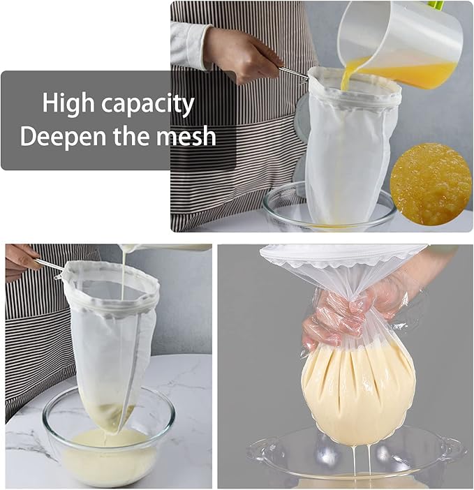 WMKGG Ultra Fine Mesh Strainer Bags, Reusable Filter Bags with Stainless Steel Handle Frame for Filter NutMilk, Coffee, Milk, Butter, Juices and Fresh Cheese (Large Size)