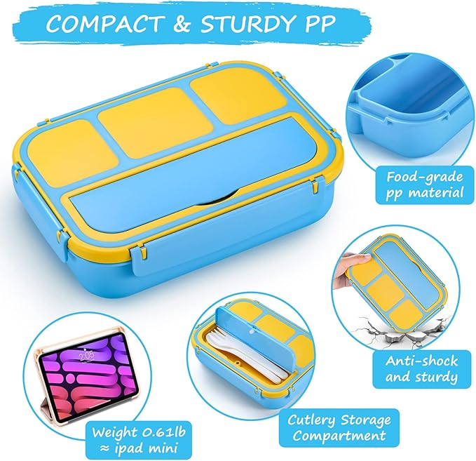 QQKO Bento Lunch Box for Kids Girls Boys, Toddler Kids Lunch Boxes for School, Lunch Containers for Adults with 4 Compartments, Sauce Container, Utensils, Food Picks and Muffin Cups, Blue
