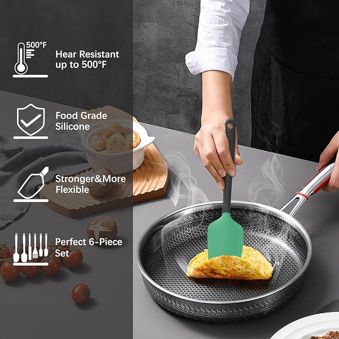 Silicone Spatula Set, 6 Pieces Food Grade Kitchen Utensils with Silicone Brush Heat Resistant Dishwasher Safe BPA-free Rubber Spatula for Scraping, Baking, Cooking, Mixing (Cyan)
