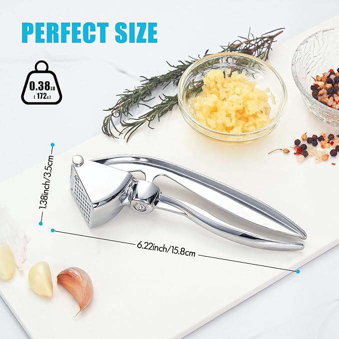 Garlic Press, Premium Kitchen Garlic Mincer Tool, Rust Proof & Dishwasher Safe, Heavy Duty Professional Metal Garlic Crusher with Ergonomic Handle, Easy to Squeeze and Clean -Silver