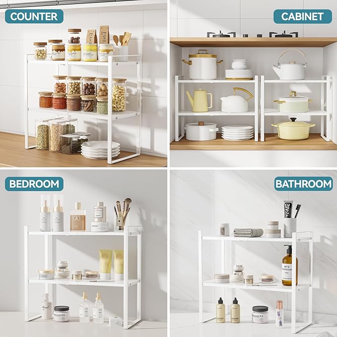 Cabinet Shelf Expandable Height Adjustable Organizer Riser for Kitchen Cabinet Pantry Cupboard Under Sink Countertop Organization