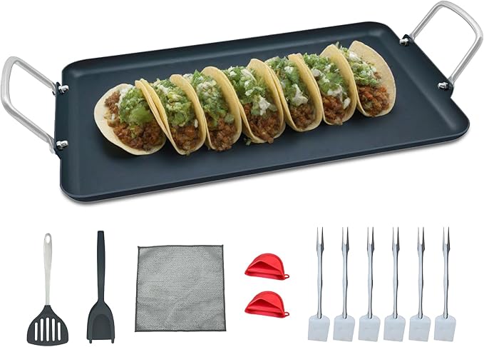 11pcs 19Inch Nonstick Taco Griddle Pan, Rectangular Cast Iron Griddle, Comales para Tortillas Cooking Pan for Stove Tops | 2 - Burner, Detachable Handles | Stove/Outdoor/Camping