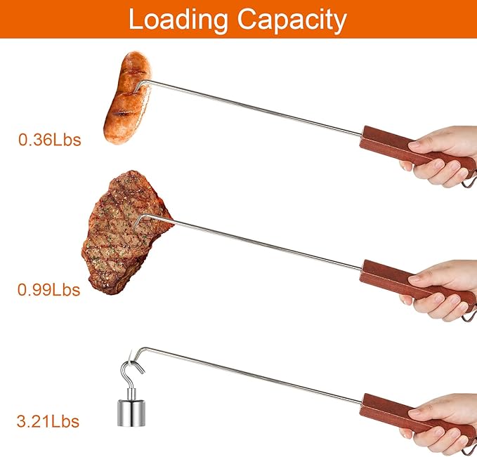 Acrux7 4 Pack Pigtail Meat Flippers 17 Inch Stainless Steel BBQ Meat Hook with Wooden Handle, Steak Flipper Hook, Barbecue Turners Food Flipper Meat Hooks for Grilling, Smoking