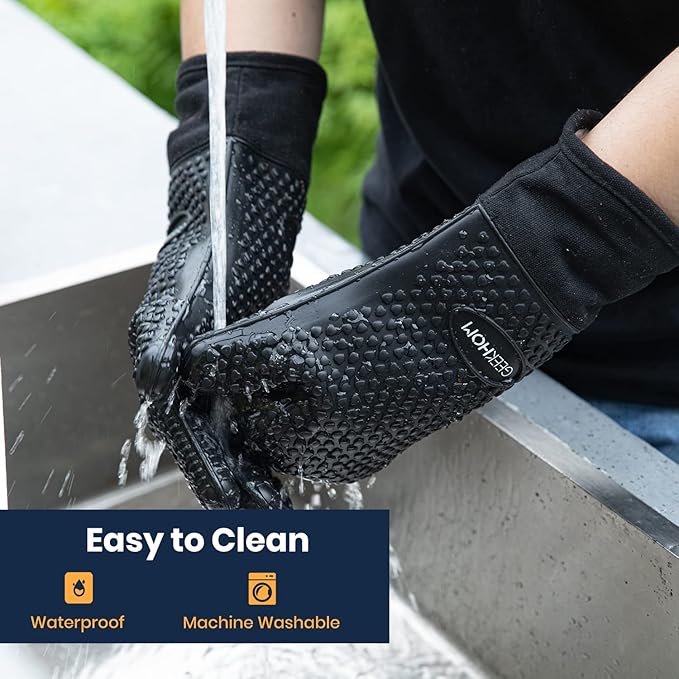 GEEKHOM BBQ Gloves X-Large, Heat Resistant Kitchen Silicone Oven Mitts, Waterproof Oven Gloves, BBQ Grill Accessories for Baking, Fryer, Smoker, Weber, Pizza, Microwave, Non-Slip, Black