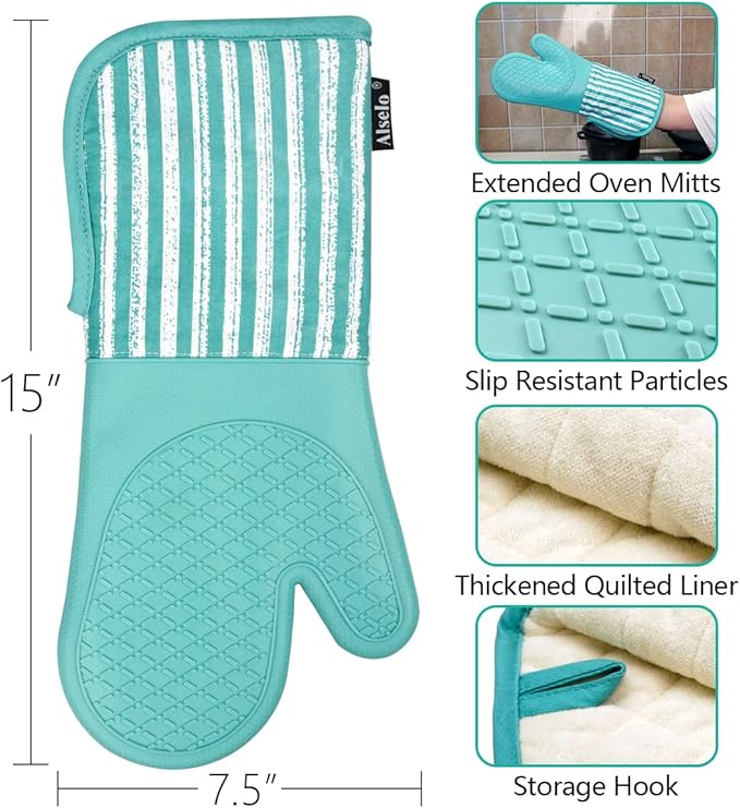 Silicone Oven Mitts Heat Resistant 932℉ with Waterproof & Non-Slip Kitchen Mittens, Set of 2 Extra Long Oven Gloves with Soft Cotton Terry Lining for Baking Cooking Barbecue