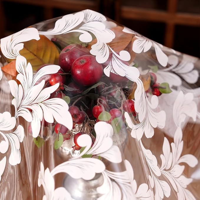 Vinyl Table Cloth Round Clear Table Cover Protector with Block Printed Pattern Oil Spill Proof Farmhouse Rustic Plastic Table Covers for Dining Tables (Scroll Grass, 55 Inches Round)