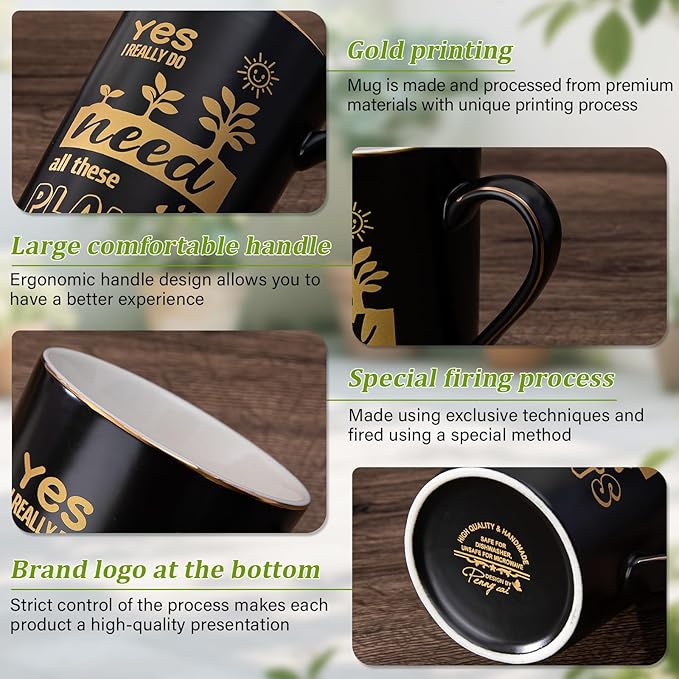 Crazy Gardening Gifts for Women Men - Plant Lover Gift Coffee Mug, Garden Gifts for Gardeners, Plant Lady, Mom, Dad, Son, 14oz Black Ceramic Mug with Gold Print, Lid, Spoon Card, Luxury Gift Boxed