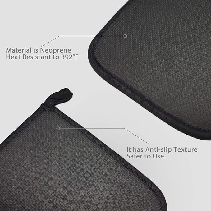 Cotton and Neoprene Oven Pads Pot Holder with Pocket 8"x8.5" Dual-Function Hot Pad Set for Finger Hand Wrist Protection Heat Resistant to 428°F Black