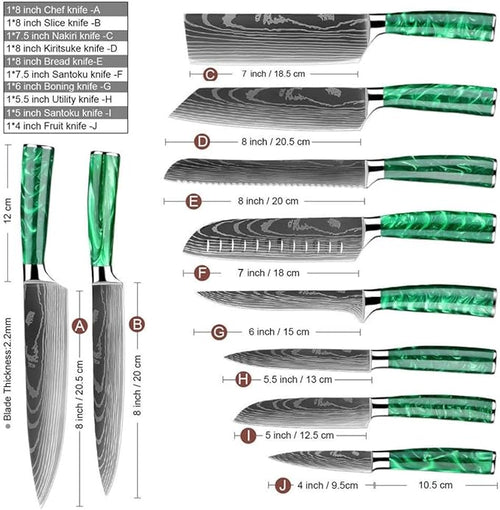 10-Piece Premium Japanese Kitchen Knife Set - Imperial Collection, Laser Damascus Pattern, 440A Stainless Steel Ultra Sharp for Fast Cutting (Green)
