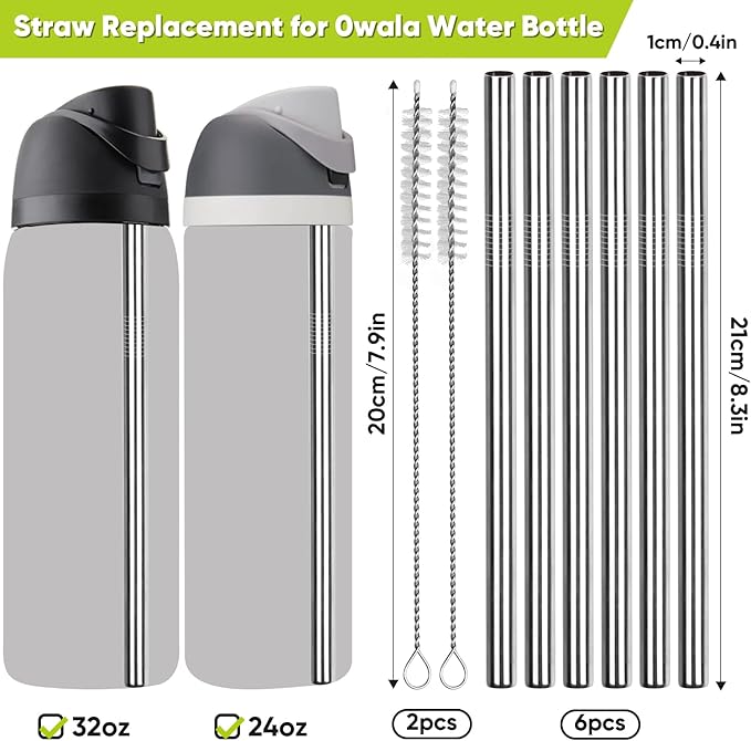 Metal Replacement Straws for Owala Water Bottle 24 oz 32 oz, Reusable Stainless Steel Straws 6 PCS With 2 Cleaning Brush Compatible With Owala Water Bottle