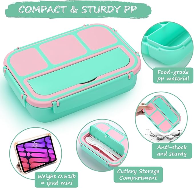 QQKO Bento Box for Kids Adults, School Toddler Lunch Box for Boys Girls, Lunch Box Containers with 4 Compartments, Sauce Container, Utensils, Food Picks and Muffin Cups for School, Pink Green