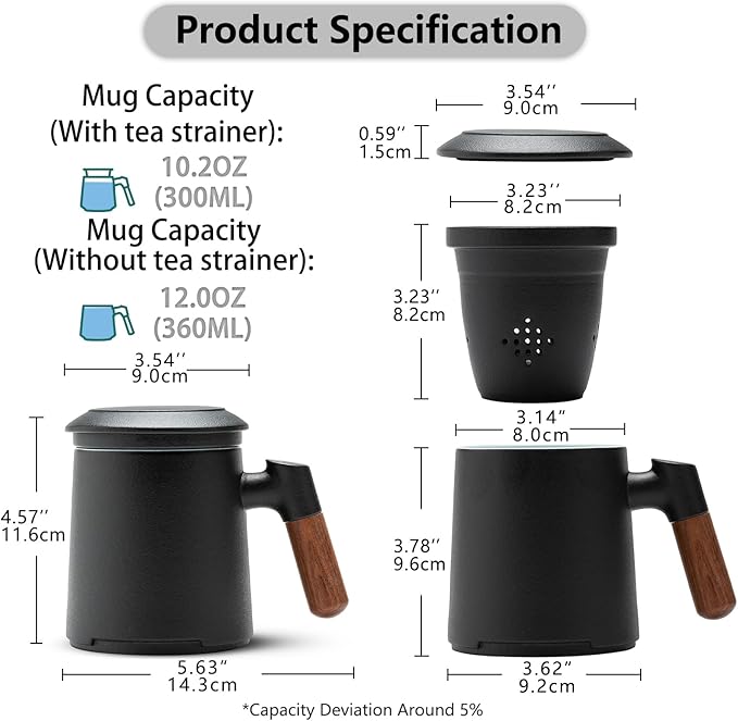 ZENS Tea Cup with Infuser and Lid for Loose Leaf Tea Steeper, 12oz Black Ceramic Tea Mug with Wood Handle for Tea Lovers Gifts