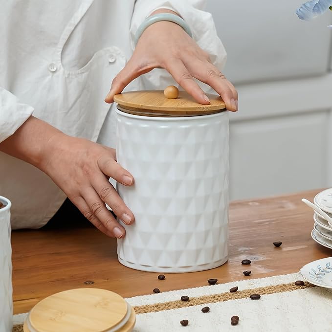 Kitchen Canister Set of 3 Tea Coffee Sugar Containers with Airtight Bamboo Lids Food Flour Storage for Countertop Metal White Diamond Pattern Embossed Farmhouse Decor