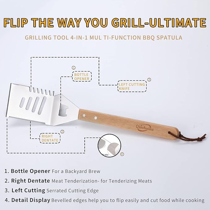 4-in-1 BBQ Spatula, Multifunction Grill Spatula with Wooden Handle, perfect for BBQ grills and kebabs for camping picnics