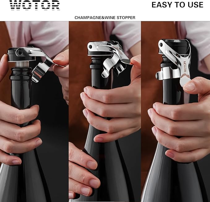 WOTOR Champagne&Wine Bottle Stoppers Stainless Steel with Food Grade Silicone, Leak Proof Keep Fresh Reusable Saver, Cork Suitable for Wine, Champagne, Cava, Prosecco and Sparkling (8 Pack Silver）
