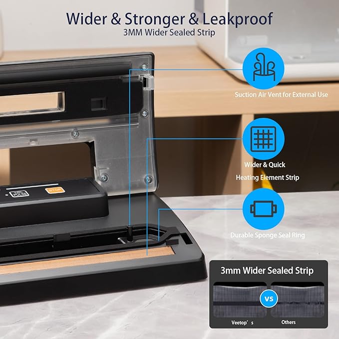 Veetop Vacuum Sealer, Automatic 80kPa Food Sealer Machine with Dry Moist Modes for Food Preservation,1 Vacuum Rolls & 10Pcs Vacuum Seal Bags