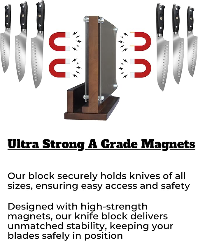 Magnetic Knife Holder Stand 14 x 10 Inches Extra Large Size with Knife Sharpener Wooden Double Sided Magnetic Knife Block Rack for Kitchen Counter with Cutting Board Slot & Acrylic, Sturdy & Durable
