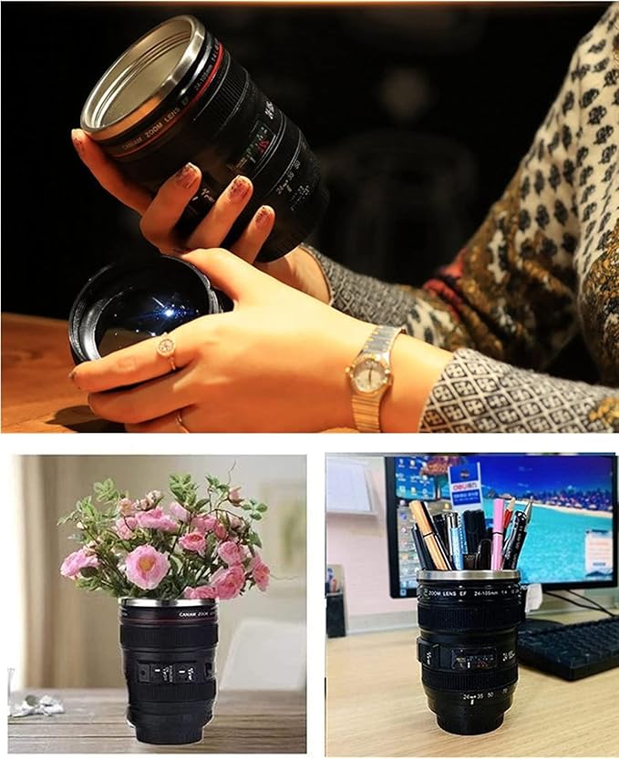 Camera Lens Coffee Mugs,Stainless Steel Lens Cups with Four Leaf Clover Spoon,Novelty Christmas Gifts for Photographers Sweeties Dad Men Women Photography Lovers