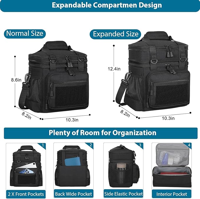 GLENKEY Double Deck Insulated Lunch Box, Expandable Large Lunch Bag Leakproof Cooler Bag Lunch Pail for Men Women Adults Work Shifts Travel Daytrip, Black