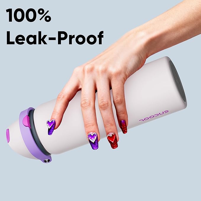 Insulated Water Bottle with Straw - Encool Stainless Steel Water Bottle with Push Button Lid, Leak-Proof & BPA-Free, Keeps Cold for 24 Hours for Sports, Travel, Gym (32 oz, Oyster Pink)