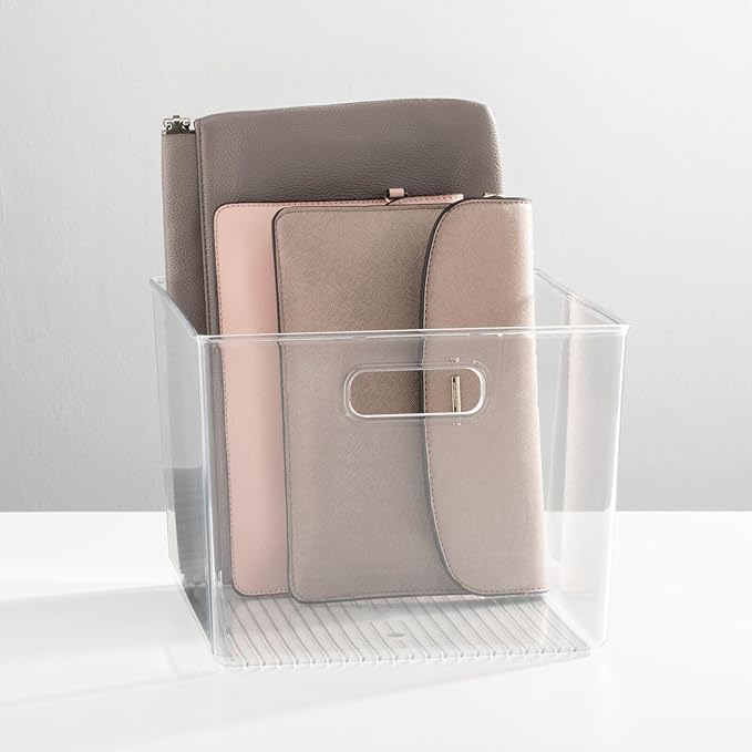 mDesign Small Modern Plastic Storage Organizer Bin Basket with Handles for Home Closet Organization - Shelf, Cubby, Cabinet, and Cupboard Organizing Decor - Ligne Collection - Clear