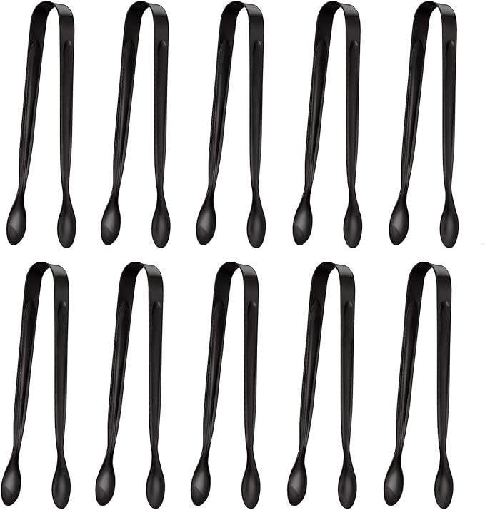 10 Pack Small Ice Tongs Sugar Tongs, Stainless Steel Mini Serving Appetizers Tongs for Party Coffee Tea Wine Bar Kitchen (Black)