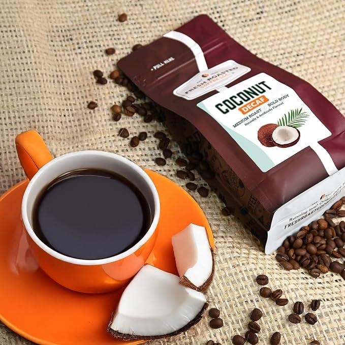 Fresh Roasted Coffee, Decaf Coconut Flavored Coffee, 12 oz, Medium Roast, Kosher, Whole Bean