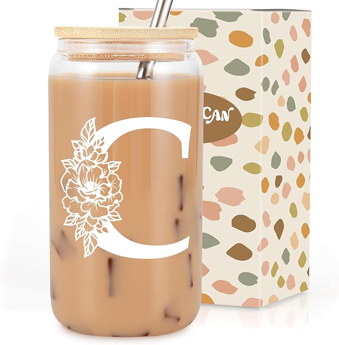Coolife Initial Glass Cup, Monogrammed Gifts for Women, 16 oz Glass Cups w/Lids Straws, Iced Coffee Smoothie Beer Tumbler w/Straw Lid - Personalized Christmas, Birthday Gifts for Her Mom Friend Woman