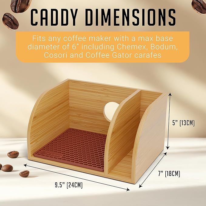 HEXNUB Caddy and Lid for Pour Over Coffee Maker, Bamboo Stand fits Chemex, Bodum, Cosori Carafes, Heatproof Mat, Filter Holder for Drip Coffee Maker - Brown Mat