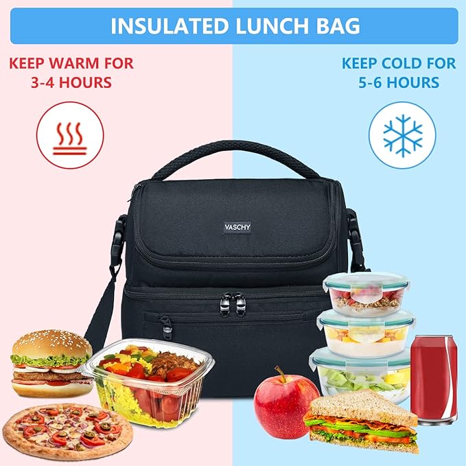 Vaschy Lunch Bag for Men and Women - 8L Capacity, Water Resistant, with Shoulder Strap and Carry Handle, Black
