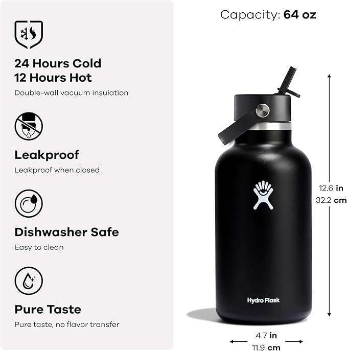 Hydro Flask Water Bottle - Insulated Stainless Steel - Wide Mouth Flex Straw Lid, Non Spill, Leakproof and Refillable in 64 Oz Nectar Orange