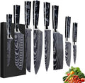 8-Piece Premium Japanese Kitchen Knife Set - Imperial Collection, Laser Damascus Pattern, 440A Stainless Steel Ultra Sharp for Fast Cutting (Black 8J)