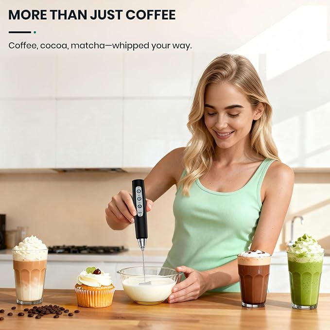 Milk Frother Handheld Rechargeable, Frother Wand Drink Mixer Electric Whisk for Coffee, Detachable With 3 Stainless Whisks, Hand Mixer for Lattes, Cappuccino, Matcha, Egg, No Stand,Black