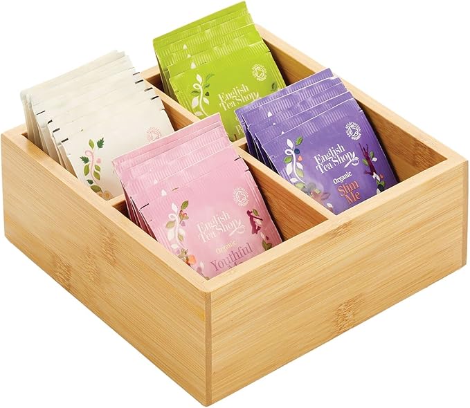 mDesign Bamboo Divided Storage Bin Container, Drawer Organizer Crate Box for Kitchen Pantry Cabinet, Shelf, Island Countertop, Holds Snacks, Spices, Drinks, Echo Collection, Natural/Tan