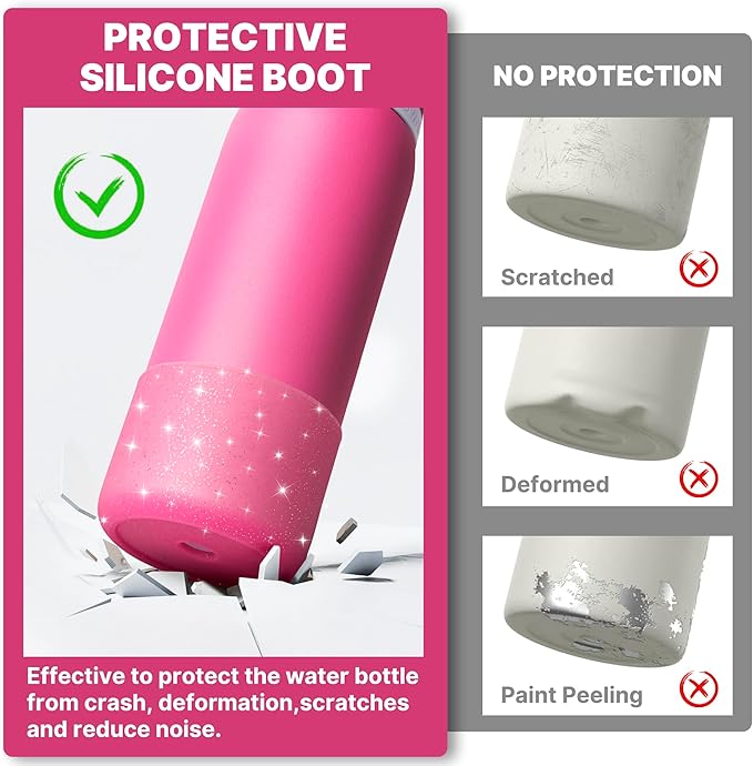 Silicone Boot for Owala 24 oz Water Bottles, Anti-Slip Protective Sleeve Bottom Protector for Owala Twist & FreeSip & Flip Stainless Steel Water Bottle (Glitter Rose Red)