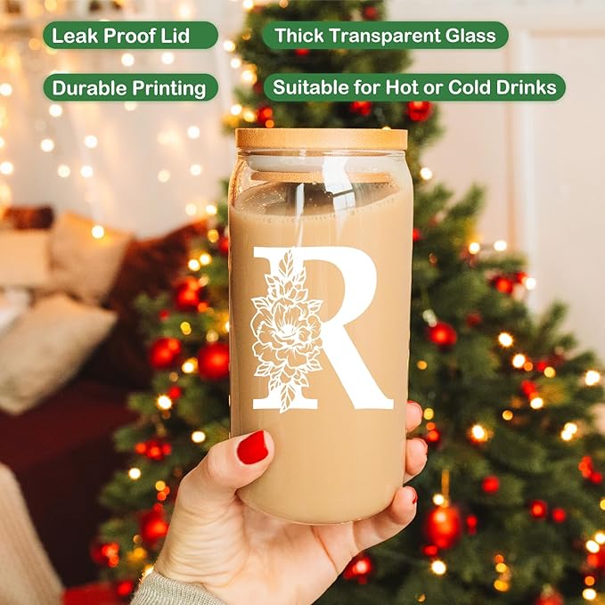 Coolife Initial Glass Cup, Monogrammed Gifts for Women, 16 oz Glass Cups w/Lids Straws, Iced Coffee Smoothie Beer Tumbler w/Straw Lid - Personalized Christmas, Birthday Gifts for Her Mom Friend Woman