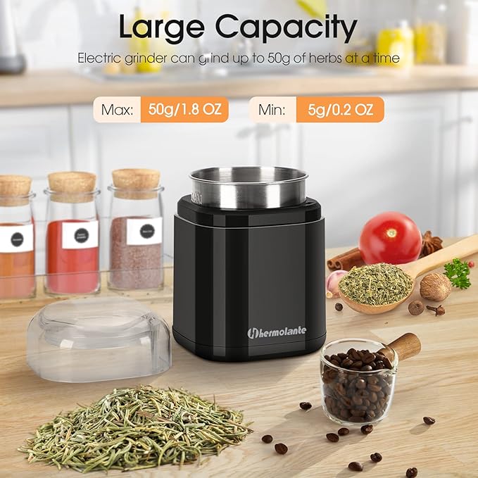 Herb Grinder Spice Grinder, 200 w Herb Grinder with Stainless Steel Blade and Cleaning Brush, Compact Size Electric Grinder for Herbs and Spices -5.11in (Black)