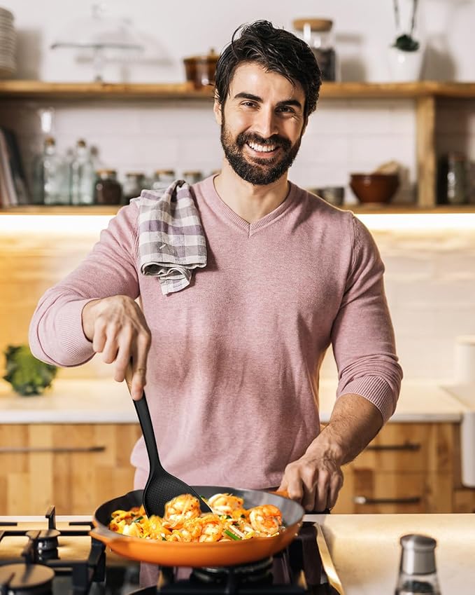 Silicone Wok Spatula Turner Set, Perfect for Scooping, Flipping, Lifting Pancakes and Picking up Veggies, BPA-Free Matte Silicone, Wooden Handles, Safe for Nonstick Cooking Surfaces (Black)
